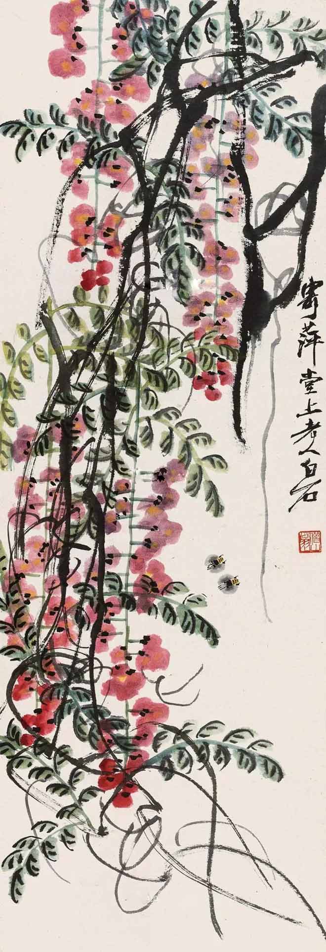 △ 齐白石(1864～1957)《紫藤蜜蜂》117×39.5cm